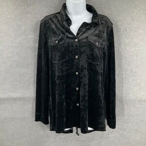 Billy T Top Black Velvet Crushed Button Up Lace Up Back Sz M Whimsigoth Grunge